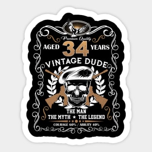 Skull Aged 34 Years Vintage 34 Dude Sticker